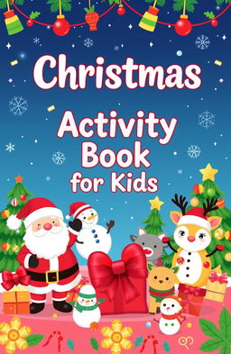A festive and colorful cover for a children's activity book with a Christmas theme