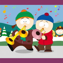 A humorous and vibrant illustration of Kyle Broflovski and Eric Cartman from South Park, both energetically playing trombones together