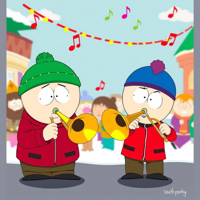 A humorous and vibrant illustration of Kyle Broflovski and Eric Cartman from South Park, both energetically playing trombones together