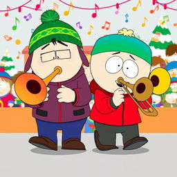 A humorous and vibrant illustration of Kyle Broflovski and Eric Cartman from South Park, both energetically playing trombones together