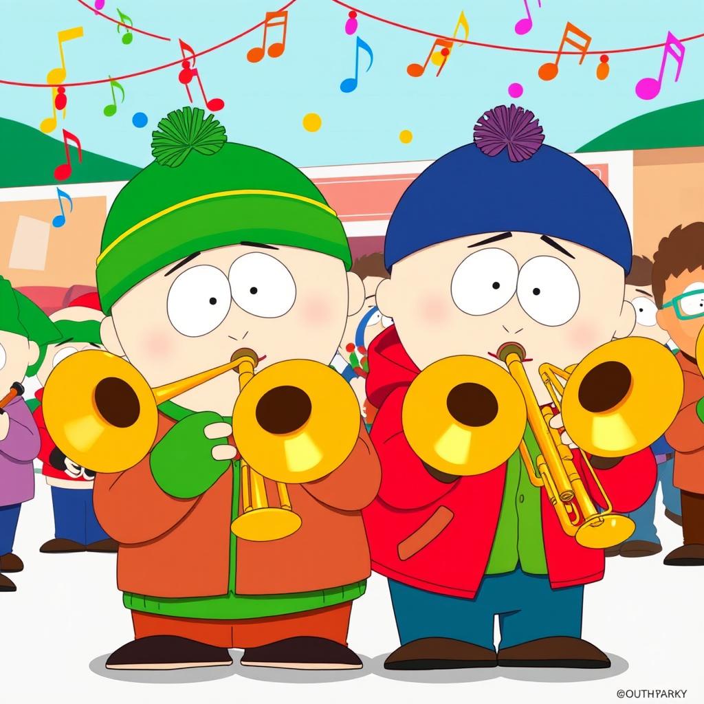 A humorous and vibrant illustration of Kyle Broflovski and Eric Cartman from South Park, both energetically playing trombones together