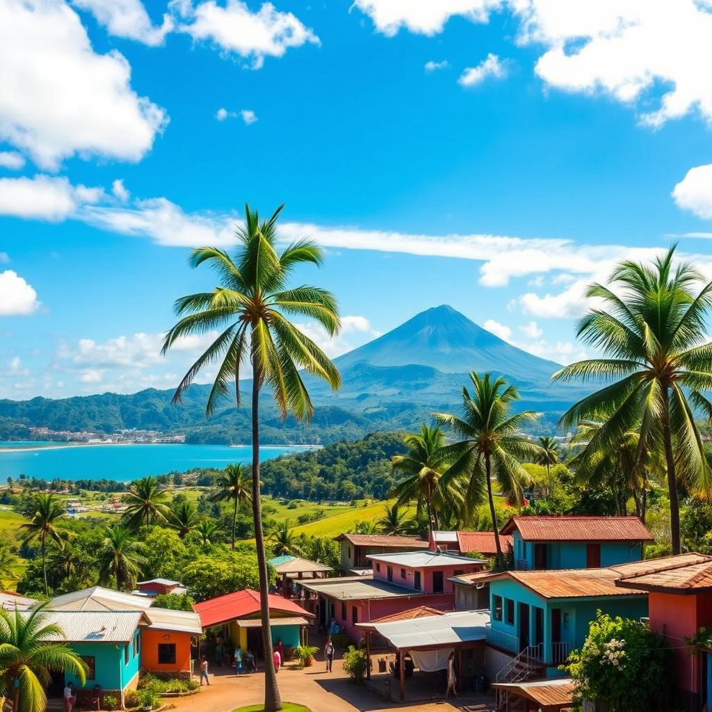 A stunning landscape of El Salvador featuring its iconic lush green hills, vibrant coastal beaches, and picturesque volcanos under a bright blue sky