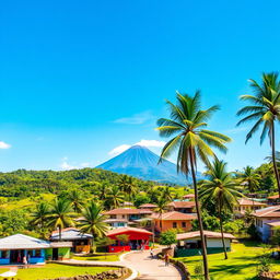 A stunning landscape of El Salvador featuring its iconic lush green hills, vibrant coastal beaches, and picturesque volcanos under a bright blue sky