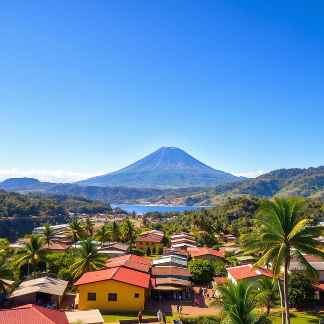 A stunning landscape of El Salvador featuring its iconic lush green hills, vibrant coastal beaches, and picturesque volcanos under a bright blue sky