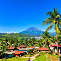 A stunning landscape of El Salvador featuring its iconic lush green hills, vibrant coastal beaches, and picturesque volcanos under a bright blue sky