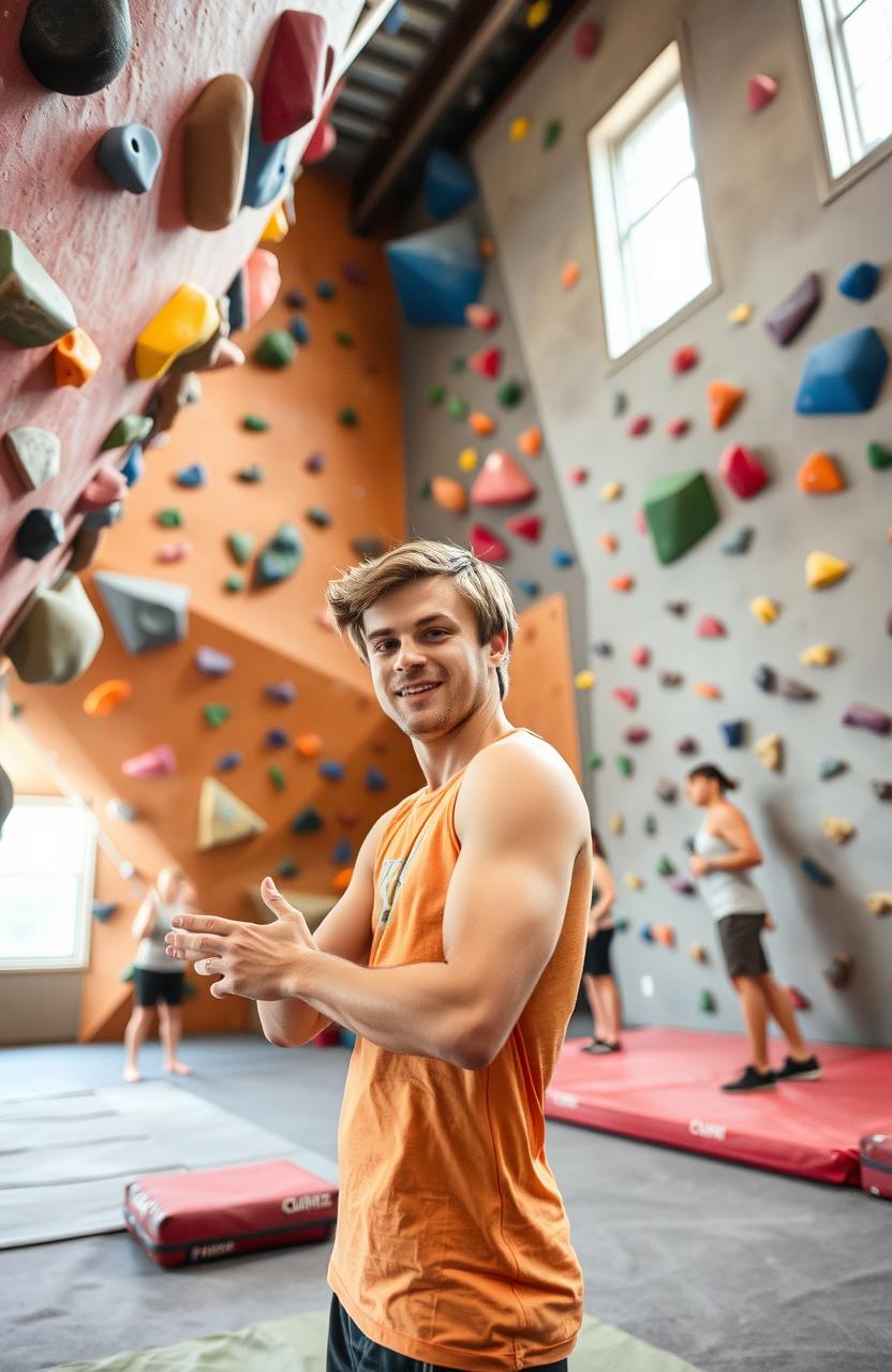 A beginner boulderer in an indoor climbing gym, demonstrating basic bouldering techniques