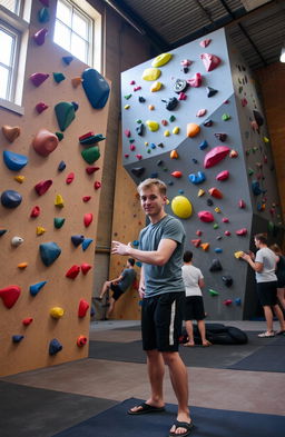 A beginner boulderer in an indoor climbing gym, demonstrating basic bouldering techniques