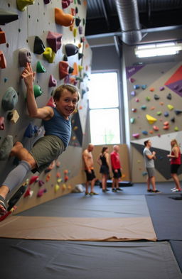 A beginner boulderer in an indoor climbing gym, demonstrating basic bouldering techniques