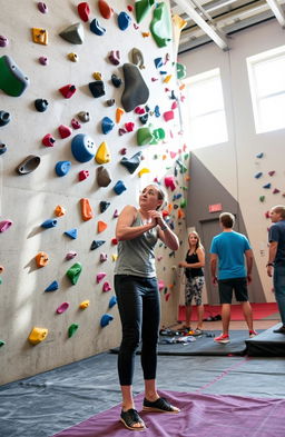 A beginner boulderer in an indoor climbing gym, demonstrating basic bouldering techniques