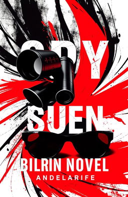 A dramatic and intriguing book cover design for a spy novel, featuring a striking color palette of black, red, and white