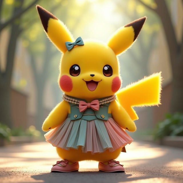 A cute Pikachu wearing a stylish and colorful dress, complete with elegant accessories like a bowtie and fashionable shoes