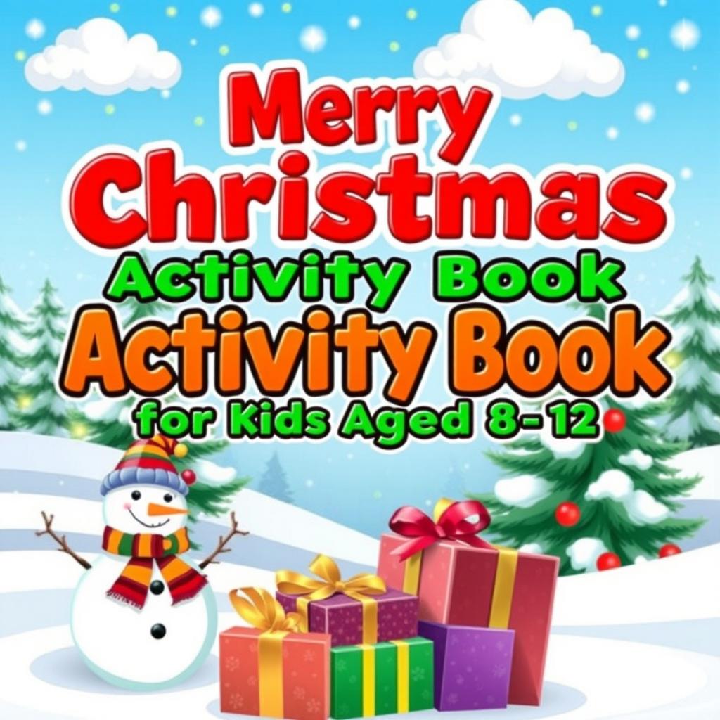 A vibrant and cheerful children's activity book cover designed for the holiday season