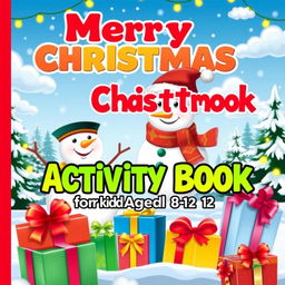 A vibrant and cheerful children's activity book cover designed for the holiday season