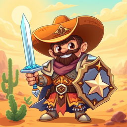 A vibrant cartoon depiction of a Cowboy Paladin, featuring a heroic figure wearing a wide-brimmed cowboy hat, shining armor with ornate detailing that blends rustic cowboy aesthetics and mystical designs