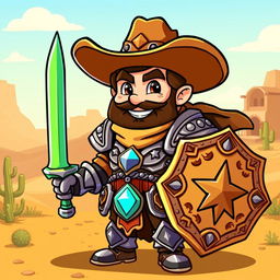 A vibrant cartoon depiction of a Cowboy Paladin, featuring a heroic figure wearing a wide-brimmed cowboy hat, shining armor with ornate detailing that blends rustic cowboy aesthetics and mystical designs