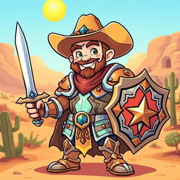 A vibrant cartoon depiction of a Cowboy Paladin, featuring a heroic figure wearing a wide-brimmed cowboy hat, shining armor with ornate detailing that blends rustic cowboy aesthetics and mystical designs