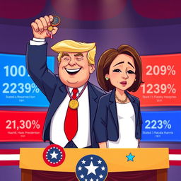 A 2D cartoon illustration depicting Donald Trump celebrating his victory, holding a presidential medal aloft with a big smile