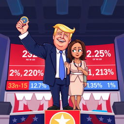 A 2D cartoon illustration depicting Donald Trump celebrating his victory, holding a presidential medal aloft with a big smile