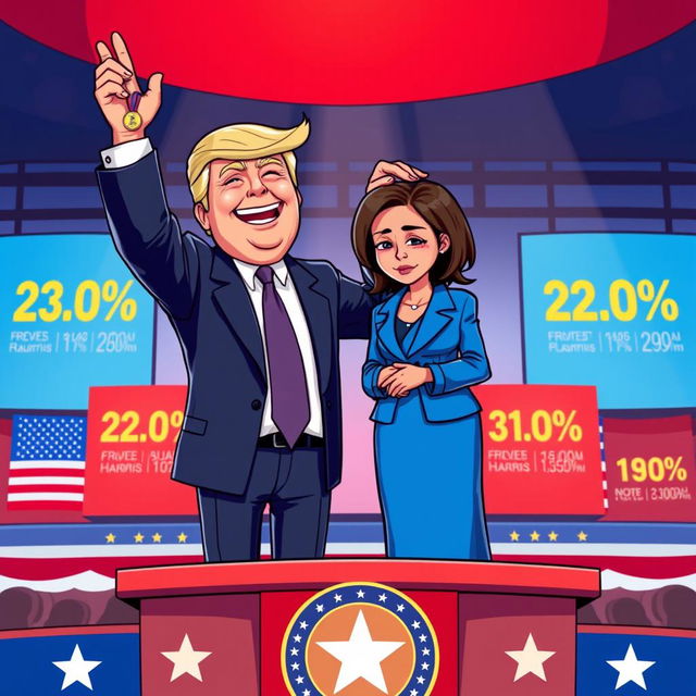 A 2D cartoon illustration depicting Donald Trump celebrating his victory, holding a presidential medal aloft with a big smile