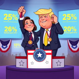 A 2D cartoon illustration depicting Donald Trump celebrating his victory, holding a presidential medal aloft with a big smile