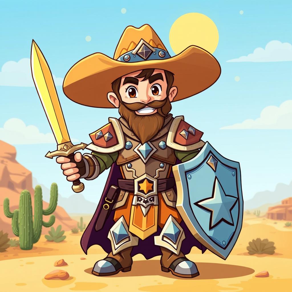 A vibrant cartoon depiction of a Cowboy Paladin, featuring a heroic figure wearing a wide-brimmed cowboy hat, shining armor with ornate detailing that blends rustic cowboy aesthetics and mystical designs