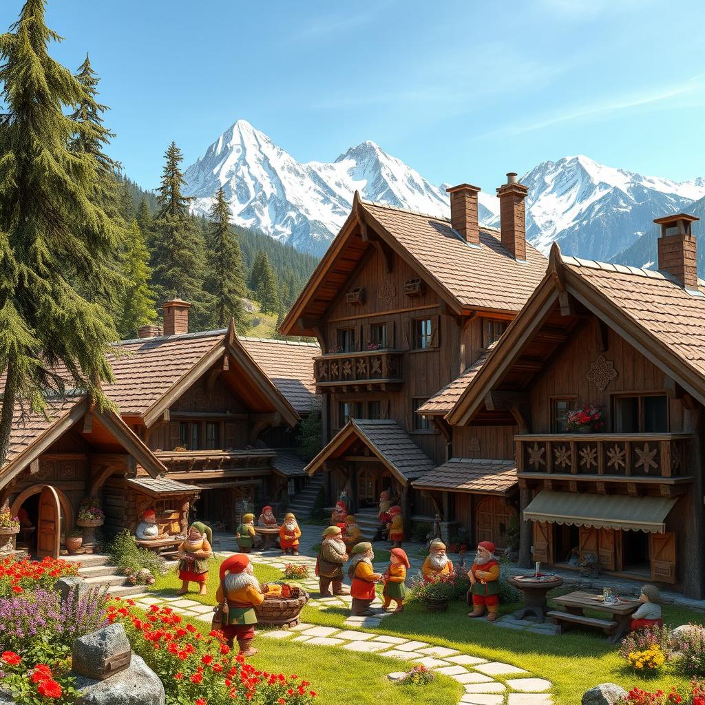 A picturesque dwarf village nestled in the mountains, featuring charming wooden houses adorned with intricate carvings