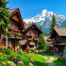 A picturesque dwarf village nestled in the mountains, featuring charming wooden houses adorned with intricate carvings