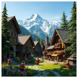 A picturesque dwarf village nestled in the mountains, featuring charming wooden houses adorned with intricate carvings