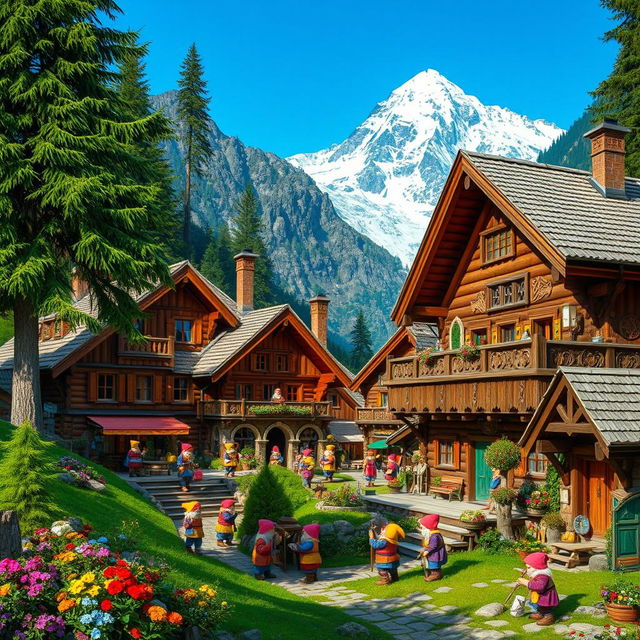 A picturesque dwarf village nestled in the mountains, featuring charming wooden houses adorned with intricate carvings