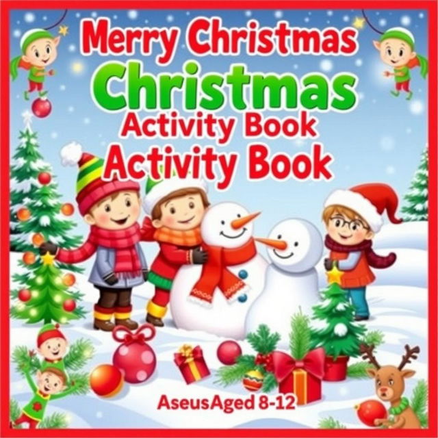 A vibrant and colorful kids activity book cover with a Christmas theme