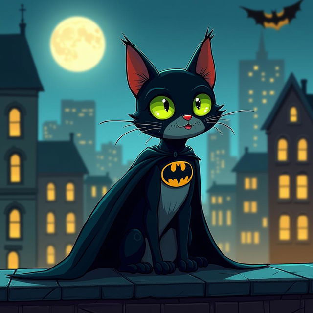 A whimsical and imaginative depiction of Batman as a cat, featuring a sleek black cat with the iconic Batman mask and cape