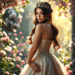A beautiful 18-year-old brunette princess with long hair and an alluring figure, prominently featuring her voluptuous curves