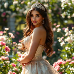 A beautiful 18-year-old brunette princess with long hair and an alluring figure, prominently featuring her voluptuous curves
