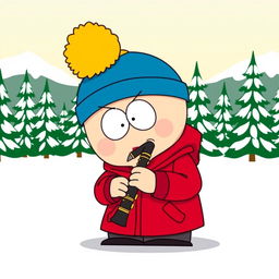 A cartoon-style illustration featuring Eric Cartman from South Park playing a clarinet