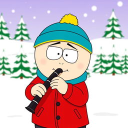A cartoon-style illustration featuring Eric Cartman from South Park playing a clarinet