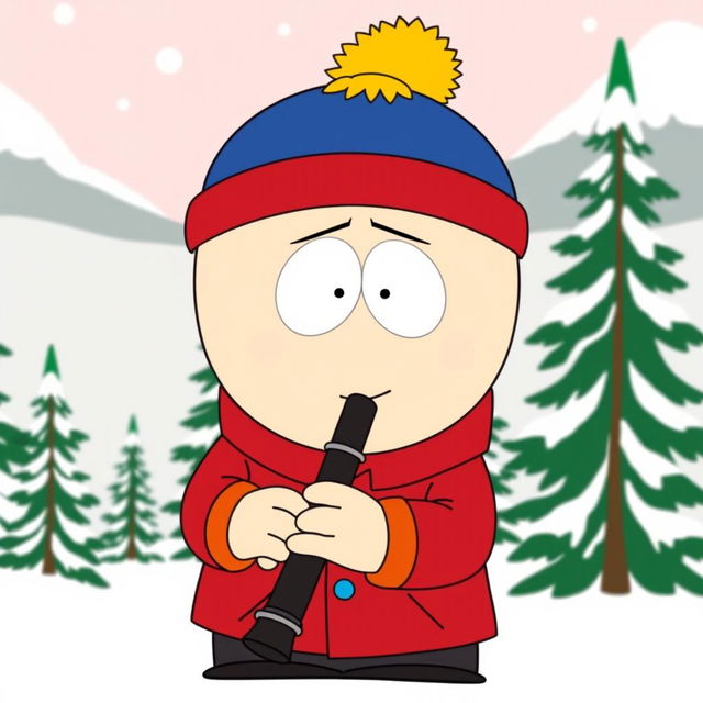 A cartoon-style illustration featuring Eric Cartman from South Park playing a clarinet