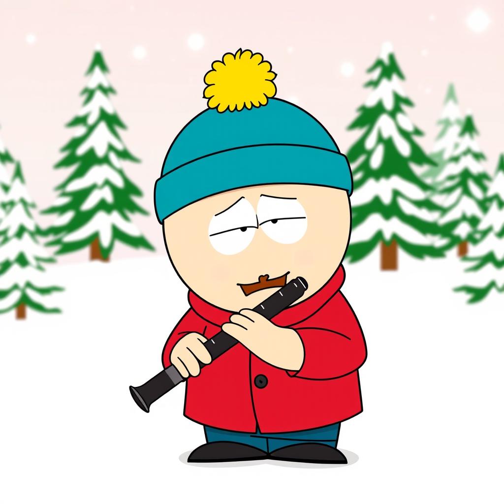 A cartoon-style illustration featuring Eric Cartman from South Park playing a clarinet