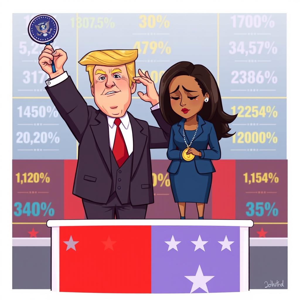 A 2D cartoon illustration depicting Donald Trump celebrating his victory, holding a presidential medal with a triumphant expression