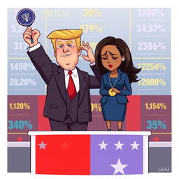 A 2D cartoon illustration depicting Donald Trump celebrating his victory, holding a presidential medal with a triumphant expression