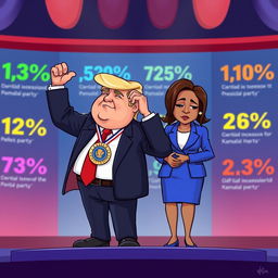 A 2D cartoon illustration depicting Donald Trump celebrating his victory, holding a presidential medal with a triumphant expression