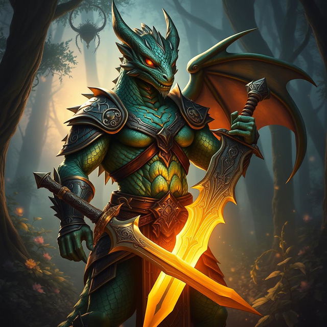 A fierce dragonborn warrior standing proud in a magical forest, showcasing intricate scale patterns on their skin that shimmer in hues of emerald green and bronze