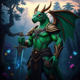 A fierce dragonborn warrior standing proud in a magical forest, showcasing intricate scale patterns on their skin that shimmer in hues of emerald green and bronze