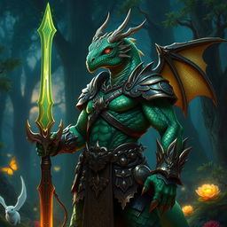 A fierce dragonborn warrior standing proud in a magical forest, showcasing intricate scale patterns on their skin that shimmer in hues of emerald green and bronze