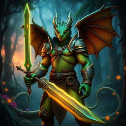 A fierce dragonborn warrior standing proud in a magical forest, showcasing intricate scale patterns on their skin that shimmer in hues of emerald green and bronze