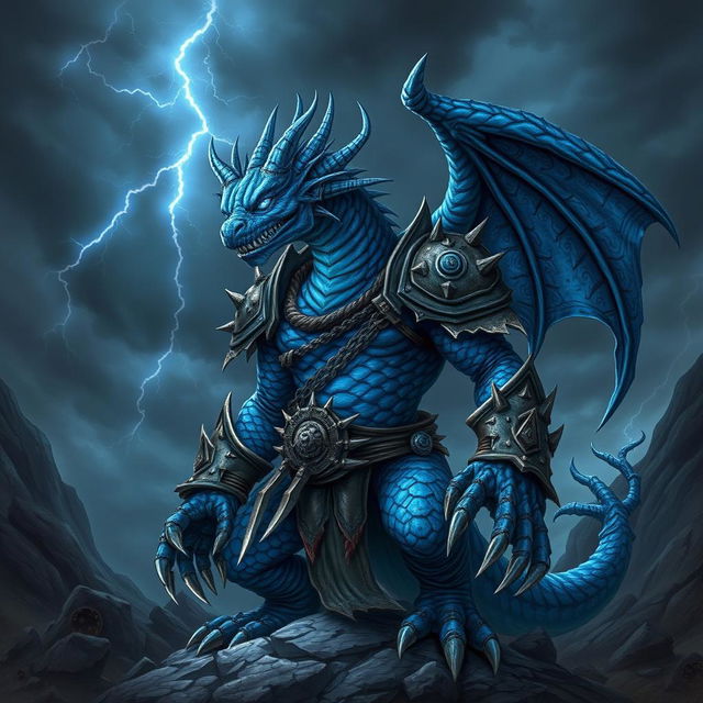 A menacing blue dragonborn warrior, exuding a formidable presence, stands in a dark, stormy landscape