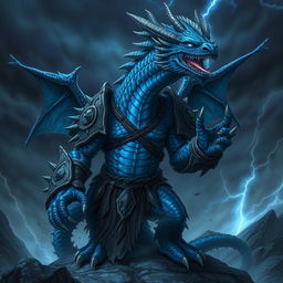 A menacing blue dragonborn warrior, exuding a formidable presence, stands in a dark, stormy landscape