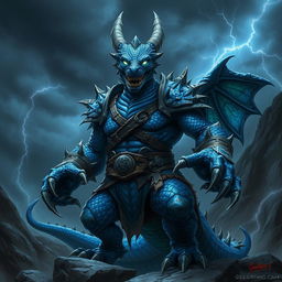 A menacing blue dragonborn warrior, exuding a formidable presence, stands in a dark, stormy landscape