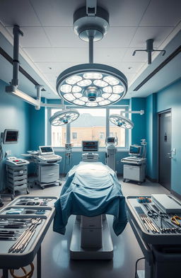 A modern operating room, meticulously organized and brightly lit