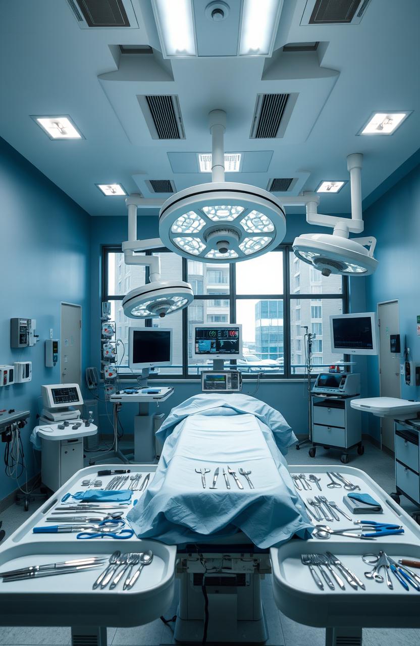 A modern operating room, meticulously organized and brightly lit