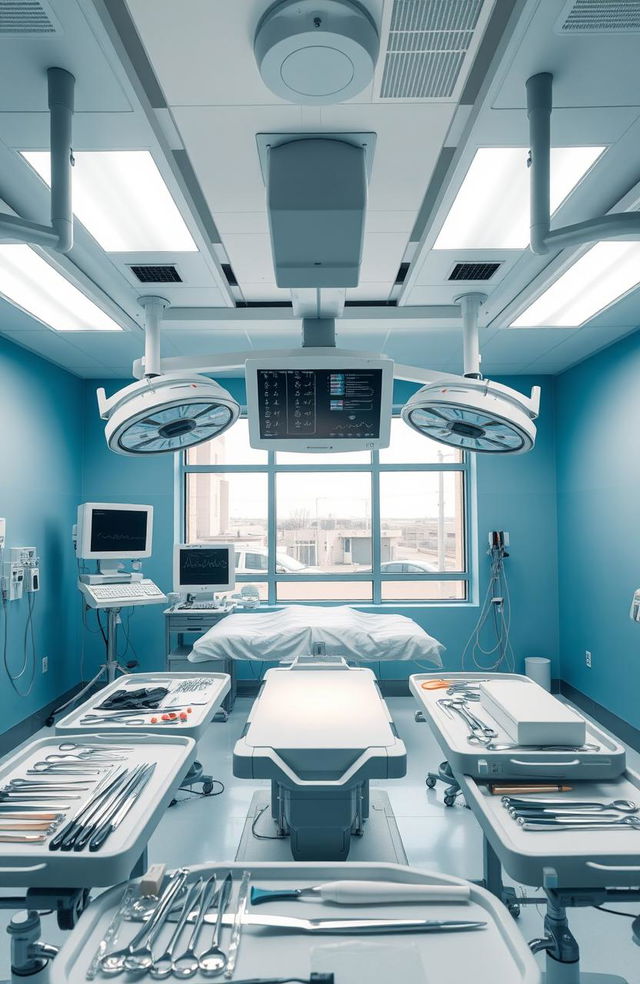 A modern operating room, meticulously organized and brightly lit